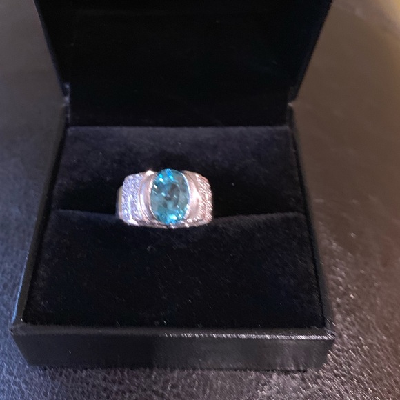 14K White Gold - Swiss Blue Topaz & Diamond Bow Style Cocktail Ring - Picture 3 of 6
